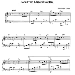 May include: A black and white sheet music page titled Song From A Secret Garden with music by Rolf Lovland. The score features a grand staff with treble and bass clefs, musical notes, chord symbols like Cm, Fm7, and Bb, and a tempo marking of 65.