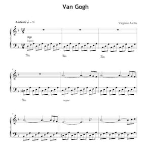 May include: A sheet music score titled Van Gogh by Virginio Aiello, written in 12/8 time with an Andante tempo of 70. The composition features a grand staff with treble and bass clefs, including legato markings, pedal notations, and musical notes.