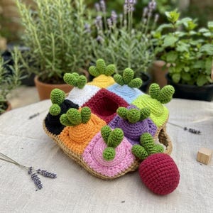Könnte beinhalten: Ein mehrfarbig gehäkeltes Kaktus-Spielzeug mit grünen, rosa, orangefarbenen, lila und blauen Abschnitten. Es hat einen braunen Rand und einen roten gehäkelten Ball. Der Hintergrund zeigt Topfpflanzen und eine neutral gefärbte Oberfläche.