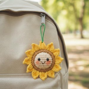 May include: A crocheted sunflower charm with a smiling face, attached to a beige backpack. The sunflower has yellow petals, a brown center, and a light beige face with rosy cheeks. The charm is suspended by a green loop.