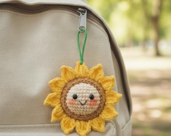 Crochet Sunflower smily Keychain: Handmade Cotton Amigurumi Bag Charm