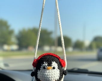 Crochet Snowman Car Mirror Charm, Cute Amigurumi Snowman Ornament, Handmade Christmas Car Accessory, Winter Gift Decor