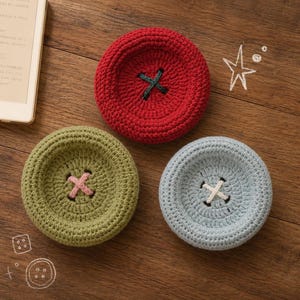 May include: Three circular, crocheted button-shaped coasters in red, olive green, and light blue. Each coaster features a contrasting X-shaped stitch in the center, with dark green on the red, pink on the green, and white on the blue coaster.