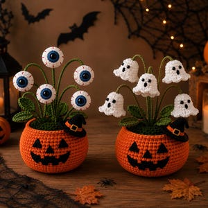 Maceta de calabaza de Halloween tejida a crochet, decoración floral de fantasma y ojo, planta de calabaza de Halloween hecha a mano, lindo regalo espeluznante de Halloween, decoración de otoño