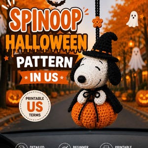 Halloween Crochet Car Hanger Pattern PDF, Cute Sleepy Puppy on Pumpkin, Witch Hat Amigurumi, Rear View Mirror Hanging Decor Pattern