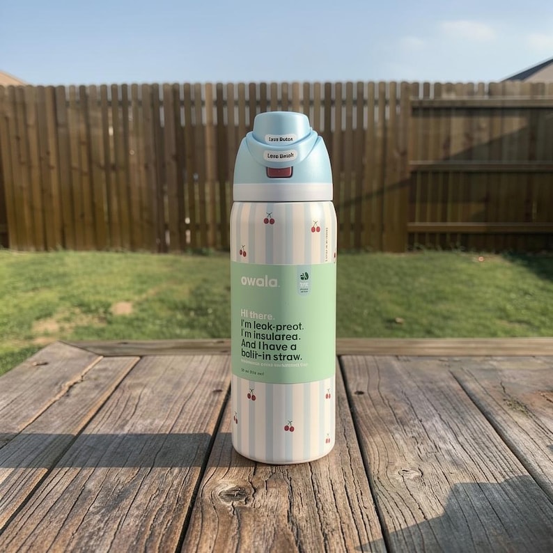 Puede incluir: Una botella de agua Owala blanca y azul claro con un patr&oacute;n de cerezas y una tapa azul claro. La botella tiene una banda verde con el texto "Hi there. I'm leak-proof. I'm insulated. And I have a built-in straw."