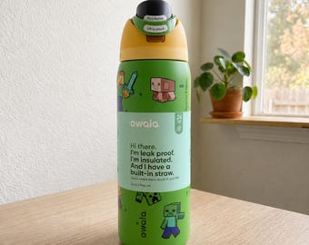 Gamingwaterfles voor Minecraft-fans, Owala FreeSip geïsoleerde drinkbeker, Creeper Steve pixel art design