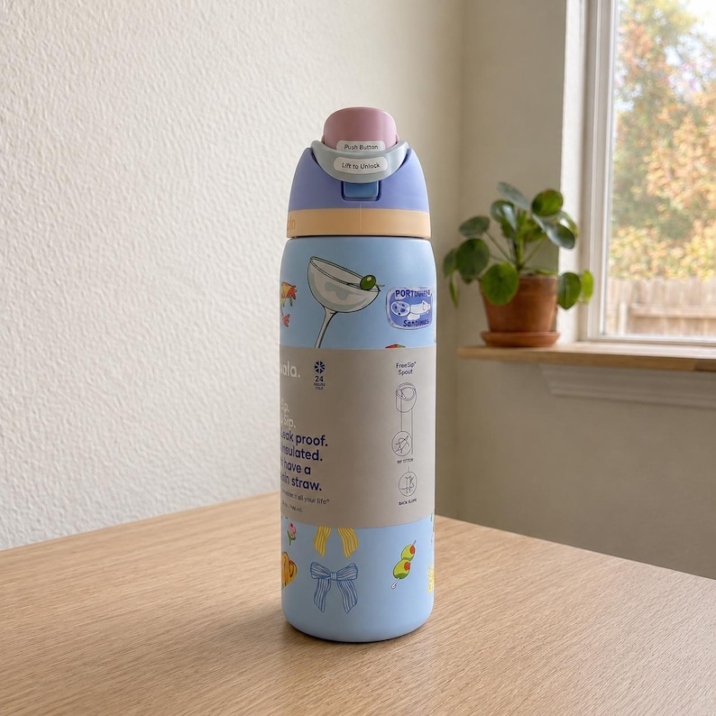 Op de afbeelding: Een lichtblauwe ge&iuml;soleerde waterfles met een roze drukknopdeksel en een lichtpaarse bovenkant. De fles heeft een martini-glasafbeelding en de tekst "ala". Het is versierd met verschillende cartoon illustraties.