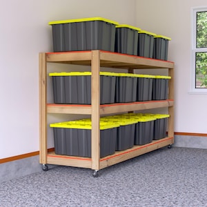 May include: A wooden storage shelf unit with multiple gray storage bins with yellow lids. The unit has three shelves and is on wheels. The bins are evenly spaced and organized, ideal for garage or storage organization.