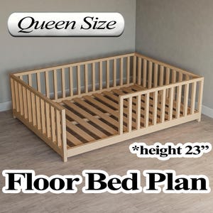 Könnte beinhalten: Ein natürlicher Holzboden-Bettplan, beschriftet mit "Queen Size" und einer Höhe von 58 cm. Der Bettrahmen hat eine Lattenrostbasis und vertikale Seitenschienen und bietet ein schlichtes, modernes Design. Der Text "Floor Bed Plan" wird darunter angezeigt.