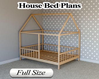 DIY PDF Full-Size House Bed Plans – Montessori Kids Bed on Legs with Safety Rail