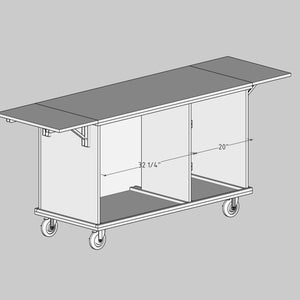 Puede incluir: Un carro gris claro con ruedas, con una parte superior rectangular y dos hojas con bisagras. El carro tiene un armario con dos compartimentos y mide 81,9 cm de ancho y 50,8 cm de profundidad. El carro est&aacute; sobre ruedas.