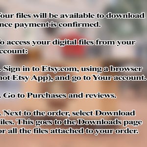 Puede incluir: Imagen con texto que proporciona instrucciones sobre c&oacute;mo descargar archivos digitales de Etsy despu&eacute;s de la compra. El texto explica c&oacute;mo acceder a los archivos a trav&eacute;s de un navegador, no la aplicaci&oacute;n de Etsy, y navegar a la secci&oacute;n de Compras y rese&ntilde;as.