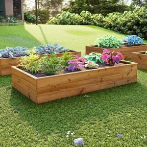 May include: Wooden raised garden beds filled with various plants and flowers. The beds are rectangular and made of light brown wood. The plants include green, blue, and purple foliage, creating a colorful display in a grassy outdoor setting.