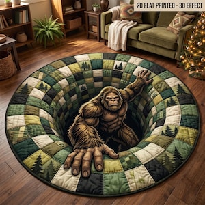 May include: A round area rug featuring a 3D optical illusion of a deep hole in a green and tan checkered pattern. A brown, furry creature resembling a Bigfoot is depicted climbing out of the center, with small pine tree silhouettes on the squares.