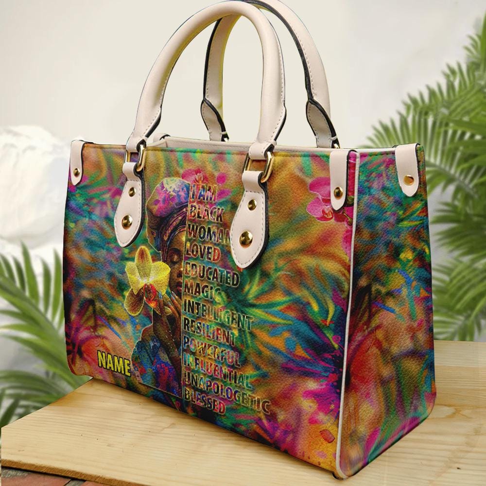 Custom Black Women Leather Handbag, Afro Woman Bag, Mother Day Tote Bag For Black Mom, Melanin African Unapologetically Blessed ID-0416-4BLK