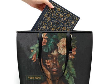 Afro Art Woman Bag, Personalized Black Women Leather Tote Bag, Mothers Day Tote Bag For Black Mom, Melanin African American Bag ID-0416-D1FX