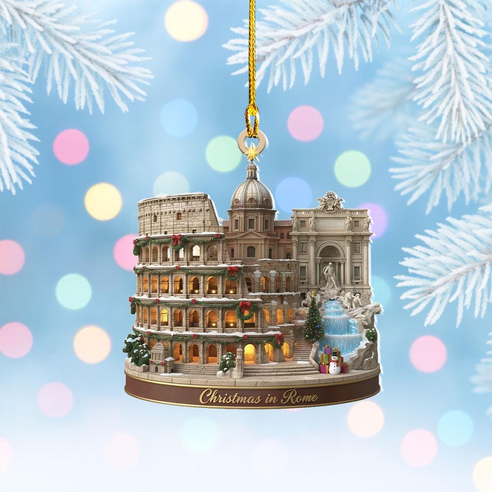 Discover Rome Christmas Ornament, Italy Travel Souvenir Decor, Colosseum & Trevi Fountain Keepsake, Italian Travel Xmas Gift