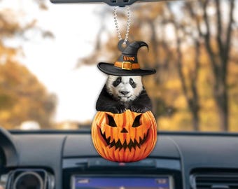 Personalized Panda Pumpkin Halloween Ornament, Panda Ornament Gift, Panda Flat Halloween Ornament, Panda Car Ornament ID-0805-R7QI