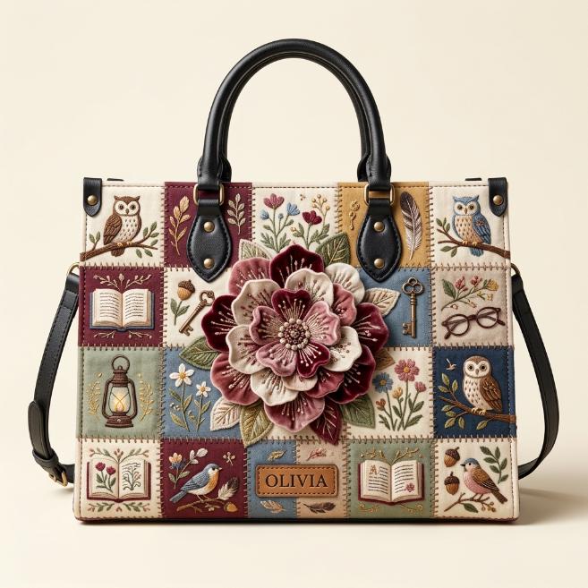 Personalized Owl Flowers Patchwork Handbag, Custom Name Floral Purse, Book Lover Gift for Women, Sty
