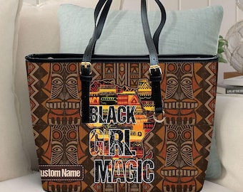 Custom Afro Woman Bags, Black Women Leather Tote Bag, Mother's Day Tote Bag For Black Girl Magic, Melanin African American Bags ID-0416-XCKO