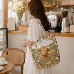May include: A quilted tote bag featuring a central illustration of a shaggy Highland cow in a green meadow with flowers and a small house. The design is framed by a floral border and includes a rectangular patch at the bottom with the text Name.