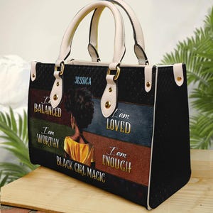 Personalized Leather Handbag For Women, Black Girl Magic Motivational Bag For Black Girl, PU Leather Bag, Tote Bag Gift African Mom Umu1-39