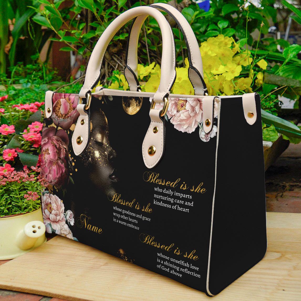 Discover Personalized Blessed Is She Leather Handbag For Black Women, Mothers Day Birthday Christmas Gifts For Women For Black Woman Bag