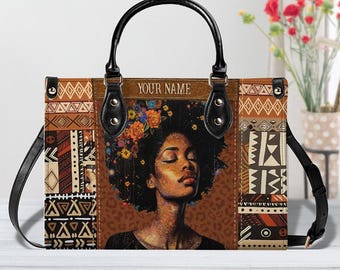 Personalized African American Leather Handbags, Tote Bag Gift, Black Mom Magic Shoulder Bag, Afro Woman Bags, Mother's Day Gift ID-0416-PD52