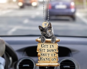 Gray Cat Ornament, Get In Sit Down Shut Up Hang On Ornament, Cat Car Hanging Ornament, Gray Cat Lover Gift Pet Gift   ID-0731-NVXG