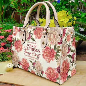 Bolso de cuero personalizado con versículo bíblico: "Todo lo puedo en Cristo que me fortalece". Cartera cristiana ID-0321-JHXD