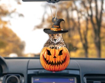 Personalized Cheetah Pumpkin Halloween Ornament, Cheetah Ornament Gift, Cheetah Flat Halloween Ornament, Cheetah Car Ornament ID-0805-5LI3