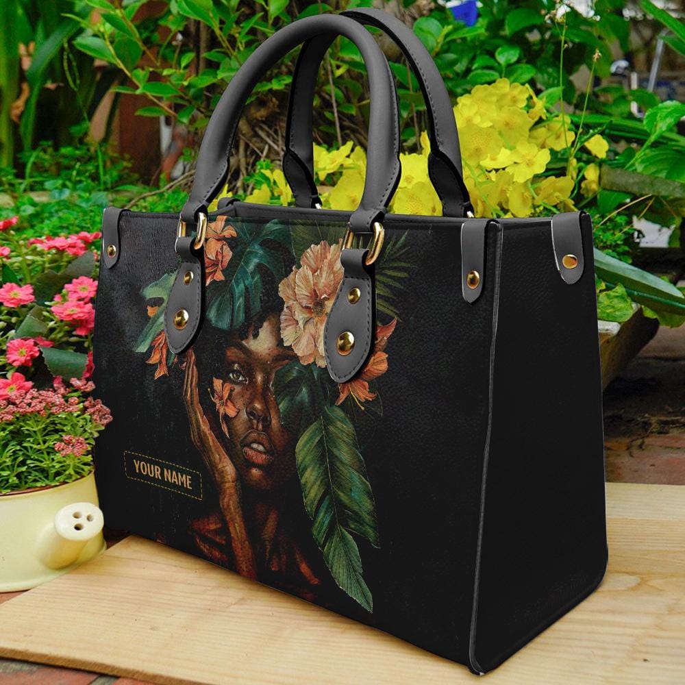 Discover Personalized Afro Art Woman Bag, Black Women Leather Handbag, Mother's Day Tote Bag For Black Mom, Melanin African American Bag