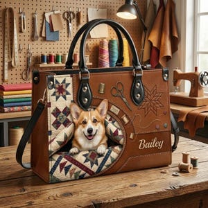 Personalized Corgi Leather Handbag, Custom Dog Mom Purse, Quilting Lover Gift, Patchwork Dog Tote, Cottagecore Crossbody Leather Bag NTH