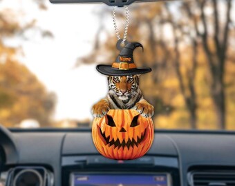 Personalized Tiger Pumpkin Halloween Ornament, Tiger Ornament Gift, Tiger Flat Halloween Ornament, Tiger Car Ornament ID-0805-WPDL