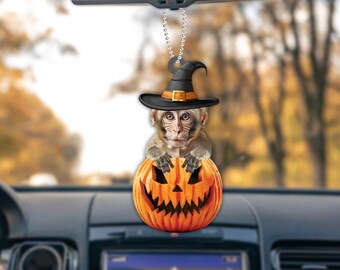 Personalized Monkey Pumpkin Halloween Ornament, Monkey Ornament Gift, Monkey Flat Halloween Ornament, Monkey Car Ornament ID-0805-GQUV