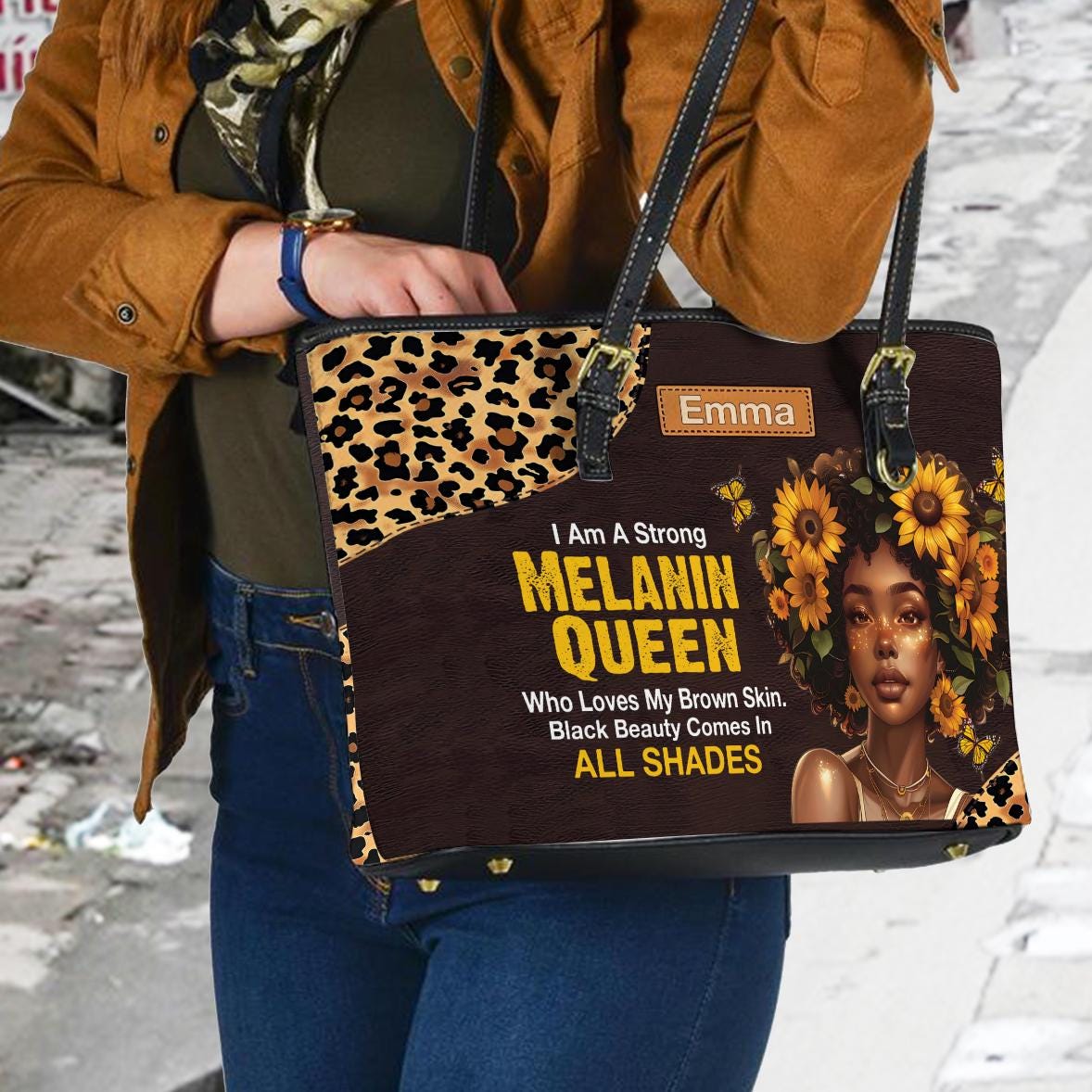 Personalized Strong Melanin Black Queen Leather Tote Bag  display picture 1