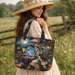 May include: A tote bag featuring a colorful illustration of a skeleton wearing a witch hat and dress, sitting at a table with a glowing crystal ball, pumpkins, and lanterns. The bag includes a rectangular orange label with the text Name.