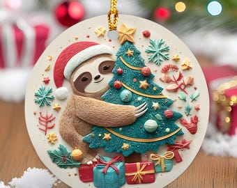 May include: A round Christmas ornament featuring a sloth wearing a Santa hat, hugging a decorated Christmas tree. The ornament has a gold string for hanging and includes snowflakes, gifts, and stars in a festive design.