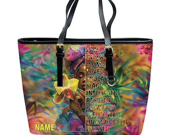 Custom Black Women Leather Totebag, Afro Woman Bag, Mother Day Tote Bag For Black Mom, Melanin African Unapologetically Blessed ID-0416-4BLK