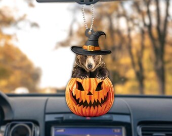 Personalized Bear Pumpkin Halloween Ornament, Bear Ornament Gift, Bear Flat Halloween Ornament, Bear Car Ornament ID-0805-QFJ2