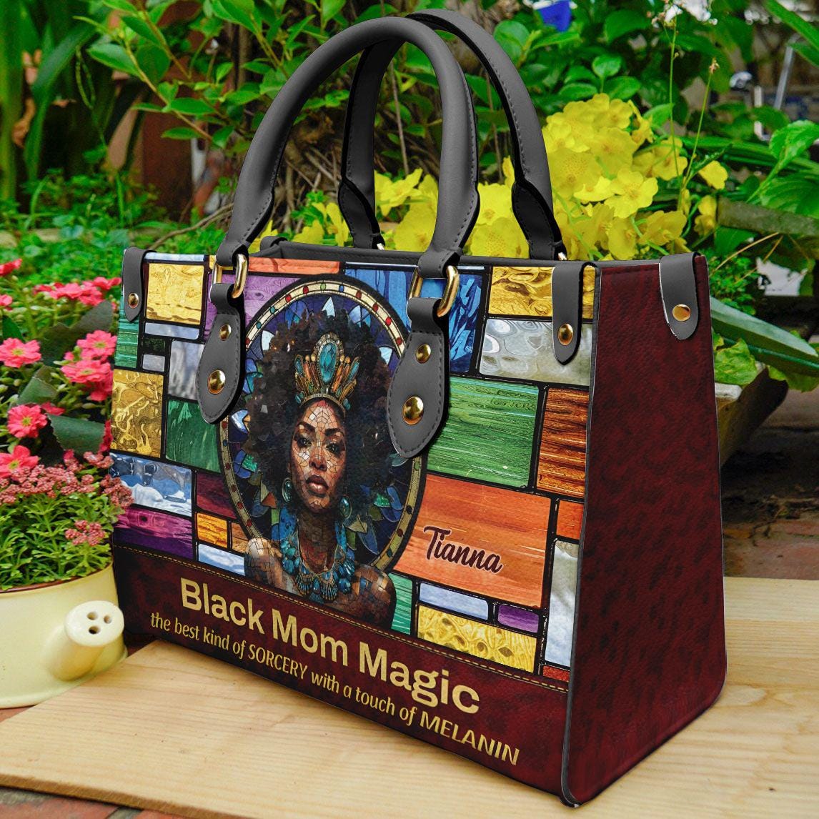 Discover Personalized Leather Handbags For African American Women, Black Mom Magic Shoulder Bag, Afro Woman Bags, Mother's Day Gift