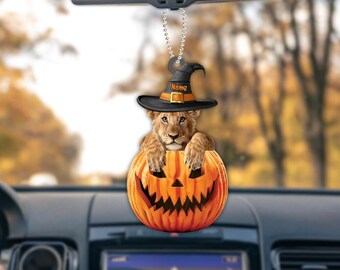 Personalized Lion Pumpkin Halloween Ornament, Lion Ornament Gift, Lion Flat Halloween Ornament, Lion Car Ornament ID-0805-3JP3