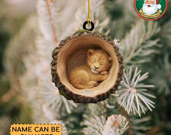 Personalized Lion Christmas Ornament, Lion Tree Trunk Ornament, Lion Tree Hollow Ornament Decor, Lion Lovers Ornament Xmas Gift Thdso-2652