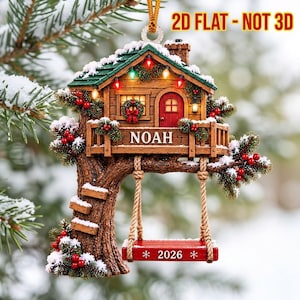 Adorno navideño personalizado para casa del árbol en 2D, casa del árbol de madera con nombre personalizado, acogedora cabaña de invierno para decoración navideña del árbol 2026 NTH-ao725