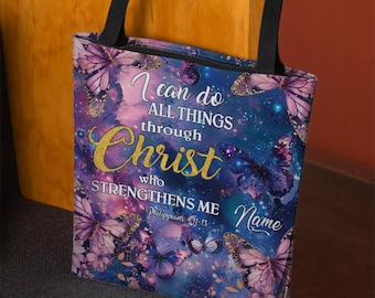Custom Tote Bag Butterfly Motivational For Women, Mother&#39;s day Philippians 4:13 Bible Verse Faith-Inspired Bag, Religious Bags ID-0402-HYJL