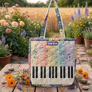 May include: A quilted tote bag featuring a piano keyboard design with musical notes and a rainbow background. The bag has floral patterned handles and a rectangular label that says "YOUR NAME". The bag is sitting on a wooden surface with flowers.