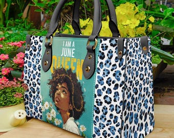Afro Art Woman Bag, Personalized Black Women Leather Handbag, Mother's Day Tote Bag For Black Mom, Queen African American Bag ID-0416-JBOE