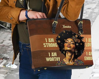 Custom Name Leather Tote Bag For Women, Motivational African American Women Gift, Afro Woman Bags, Mother&#39;s Day Gift ID-0322-VCXW