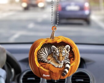 Personalized Tiger Pumpkin Halloween Ornament, Tiger Ornament Gift, Tiger Flat Halloween Ornament, Tiger Car Ornament ID-0806-VYU8